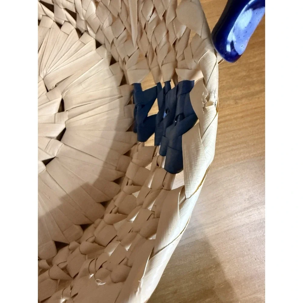 Vintage Wicker Bread Baskets Set of 2 Blue Ceramic Handles